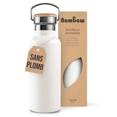 Afbeelding van Bambaw® 750ml RVS Thermosfles Dubbelwandig, Milieuvriendelijk, Lekvrijen, loodvrij en Plasticvrij Geïsoleerde Fles met Bamboe Deksel voor Warme Koude Dranken Ideaal Reizen, Werk, Yoga, Wandelen Dagelijks Gebruik wit