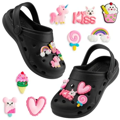 Afbeelding van CityComfort Tuinklomp voor meisjes, kinderschoenen met clip on bedels, zwart.