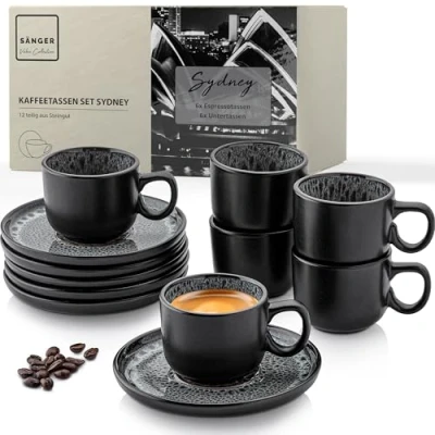 Afbeelding van SÄNGER Sydney Value Collection Set van 12 espressokopjes aardewerk voor 6 personen, vaatwasser en magnetronbestendig, donkergrijs, 80 ml