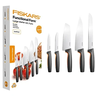 Afbeelding van Fiskars 1057558 Set van 5 keukenmessen met koksmes (groot), groentemes, tomatenmes, Santoku en broodmes, Japans roestvrij staal/kunststof