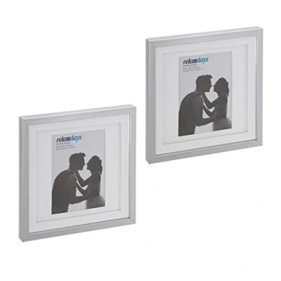 Afbeelding van Relaxdays Set van 2 fotolijsten 25 x cm, foto en tekeningen, passe partout, vierkant, muur tafel, zilver
