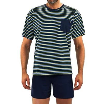 Afbeelding van Sesto Senso Heren Kort Pyjama Set Kotoen Korte Mouw Top &amp; Bottom Nachtkleding Pjs, Dunkerblauw Gestript, Broek Dunkerblauw, XXL