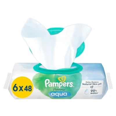 Image de Pampers Harmonie Aqua Lingettes, 6 Paquets de 48 Lingettes = 288 Pour Bébé, Aide à restaurer le pH naturel la peau, avec 99% d’eau