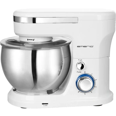 Afbeelding van EMERIO KM 123117 Keukenmachine, kneedmachine, roermachine met 5 liter roestvrijstalen kom + 3 roergereedschappen spatbescherming vulopening, 1000 Watt power, 6 snelheden Pulse Retro, BPA vrij, Wit