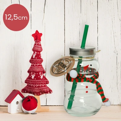 Afbeelding van Groene glazen limonadebeker kerst sneeuwpop met rietje en sjaal Ø7,5 x 12,5 cm