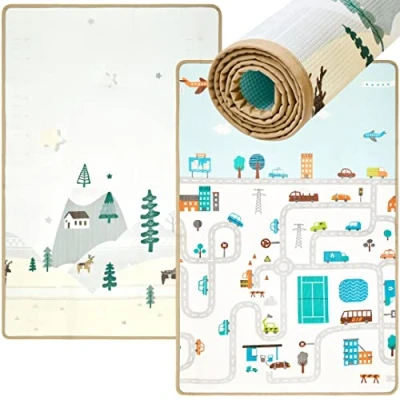 Afbeelding van Mamabrum Speelkleed Dubbelzijdig Verkeerskleed Stad en Wegen Foamen Speelmat Opbergtas Sprookje / Winter Speel Kleed 120x180cm foam