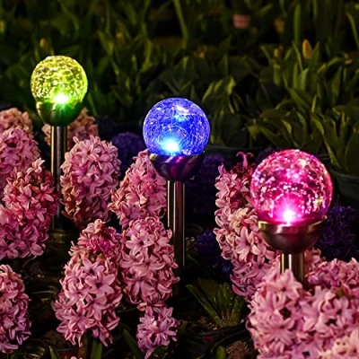 Afbeelding van GIGALUMI Set van 3 buitenlampen op zonne energie in de vorm een gebarsten glazen bol met dubbele led, landschapslampen/oprit voor pad, terras, binnenplaats, kleurverandering en wit