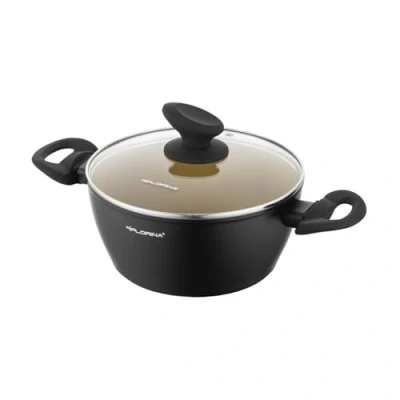 Afbeelding van FLORINA AMVEGAN Aluminium pot, 20 cm, 2,1 l, hoge duurzaamheid, glazen deksel, keramische coating met olijfolie, gemakkelijk te koken en af spoelen, origineel design