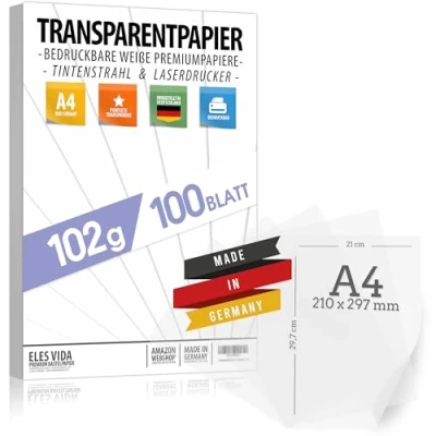 Afbeelding van 100 vellen calqueerpapier 102 g/m² DIN A4 PRINTABLE, knutselpapier perkamentpapier, maak je eigen lampionnen vliegerpapier om te knutselen knutselset voor kinderen