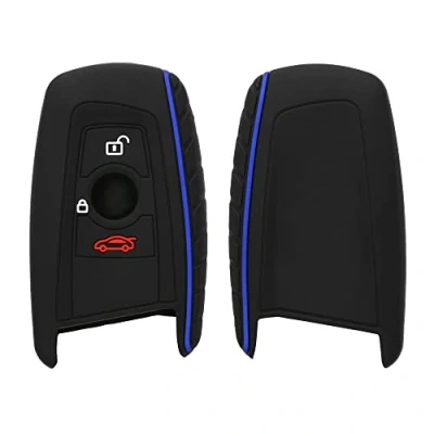 Afbeelding van kwmobile autosleutel hoesje geschikt voor BMW 3 knops draadloze (alleen Keyless Go) hoes Siliconen behuizing Auto sleutel case met honingraat Sleuteletui in zwart / blauw