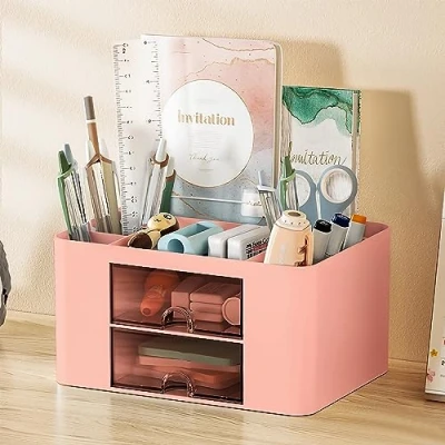 Afbeelding van Glovios bureau organizer met lade, 7 vakken, multifunctionele accessoires, bureau, opslag voor pennen, kantoor, thuis, school (roze)