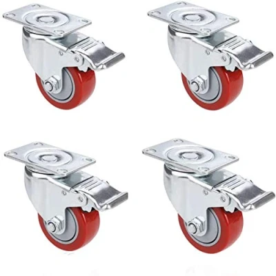 Afbeelding van Voluker Draaibaar wiel met rem 75 mm, rubberen wielen dragen max. 400 kg, 4 stuks, rood