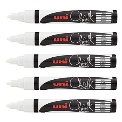 Image de Uni Ball Mitsubishi Pencil Marqueurs Craie Chalk Marker PWE 5M Multi Usage Résistant à la Pluie Idéal Vitre Miroir Tableau Ardoise Pointe Conique Medium Lot de 5 Blanc