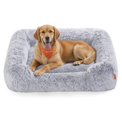 Afbeelding van Feandrea Hondenbed, hondenkussen, 106 x 75 20 cm, zachte bekleding, hondenbank, verhoogde randen, afneembare en machinewasbare overtrek, antislip, schaduwgrijs PGW273G01