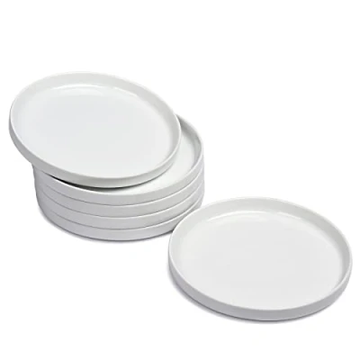 Afbeelding van WishDeco Set van 6 dessertborden, platte borden, wit, Φ18 cm, kleine porseleinen borden met opstaande rand, serveerschalen keramiek voor cake, salade, pasta, brood, fruit