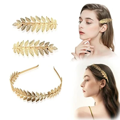 Afbeelding van TSHAOUN Set van 3 Romeinse hoofddeksels goudkleurig laurierblad voor meisjes, bruidshoofdband, boho stijl, met gouden bladeren
