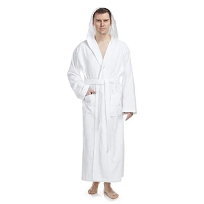 Afbeelding van Arus Pacific Badjas voor heren met capuchon, kuitlengte of enkel, badstof, 100% katoen, Oeko Tex gecertificeerd, Wit.
