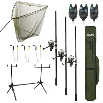 Afbeelding van FISH XPRO Karperset Improve Deluxe 3 Hengels compleet Karpernet Rodpod Beetmelders