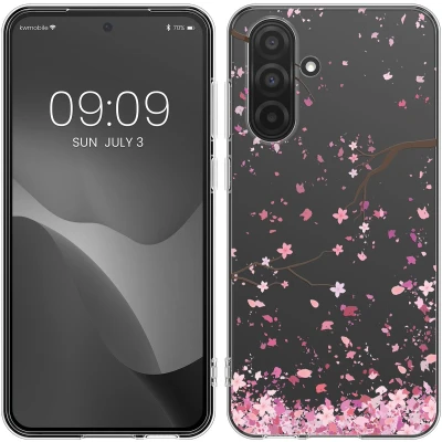 Afbeelding van kwmobile telefoonhoesje geschikt voor Samsung Galaxy A36 5G Hoesje smartphone in poederroze / donkerbruin transparant Kersenbloesembladeren design