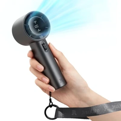 Afbeelding van JISULIFE Draagbare handventilator, snelheid (1 tot 100) turbo instelbaar en oplaadbare 5000 mAh batterij met metalen behuizing, digitaal display, cadeaus voor mannen vrouwen, reizen, kamperen