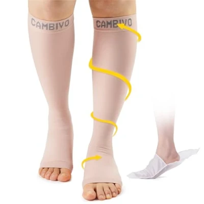 Afbeelding van CAMBIVO compressiekousen voor open voeten, compressiesokken dames en heren, klasse 2, 20 30 mmHg, spataderen, oedeem, bloedcirculatie benen, reizen, Beige