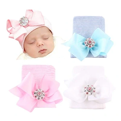 Afbeelding van DRESHOW Babytulband geboortemutsen hoeden vlinderstrikken schattig elastisch kind petten mutsen voor baby meisjes jongens, 3 stuks strass lint / 0 maanden boog