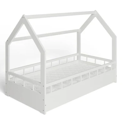 Afbeelding van ms factory Huis bed met matras, 80 x 160 cm, lattenbodem, eenpersoonsbed, grenenhout, voor meisjes en jongens, wit