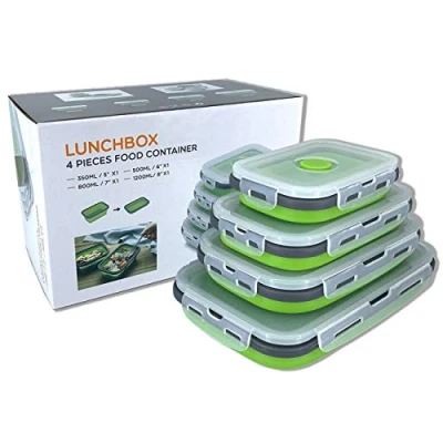 Afbeelding van Set van 4 opvouwbare siliconen voedselcontainers met deksel voor buiten, picknick compact, magnetronbestendig, vaatwasser en vriezer (groen)