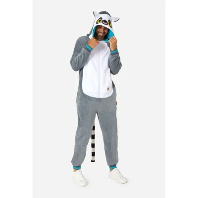 Afbeelding van OppoSuits Apen Onesie Ringstaart Maki Fleece Jumpsuit Carnavalskleding Dieren Verkleedpak Voor Dames &amp; Heren Grijs 2XL