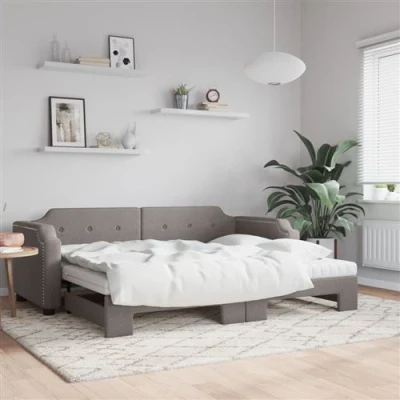 Afbeelding van vidaXL Slaapbank met onderschuifbed en matrassen 100x200 cm stof taupe