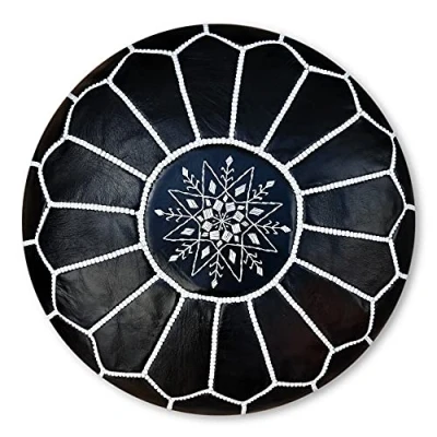 Afbeelding van Poef zwart rond van leer Handgemaakt en stijlvol Gevuld geleverd Poufs&amp;Pillows