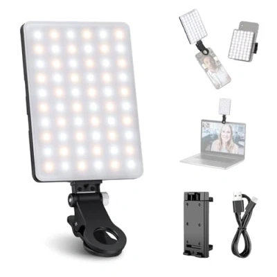 Afbeelding van NEEWER Selfielamp met telefoonclip voor en achter, hoog vermogen, 60 leds, 2000 mAh, oplaadbaar, IRC 95+, 3 verlichtingsmodi, draagbaar clip on licht tablet/laptop,