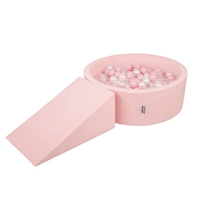 Afbeelding van KiddyMoon schuimspeelplaats met rond ballenbad (200 ballen) ballenbakken voor baby&#039;s speelbad hindernisbanen, made in the eu, roze:poederroze/parelmoer/transparant
