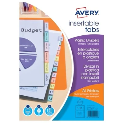 Afbeelding van AVERY Register met aanpasbare en bedrukbare tabbladen, 12 toetsen, DIN A4+ (maakt het opbergen van geperforeerde hoezen mogelijk), transparant gekleurd polypropyleen