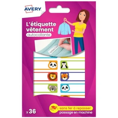 Image de Avery Étiquettes Autocollantes à motif animaux Inscriptibles 36 Pièces autocollant Personnalisable avec un marqueur permanant Durable Lavable jusqu&#039;à 40C et sèche linge 1,3 x 4,5 cm