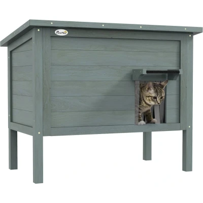 Afbeelding van PawHut Katzenhaus aus Holz Winterfest wasserdicht Katzenhütte mit Asphaltdach Boden Füße Katzenhöhle Katzenkiste Outdoor Schutzhütte für Draußen Garten Balkon 85 x 50 68,5 cm Dunkelgrau