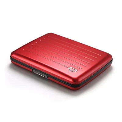 Afbeelding van OGON Smart Case V2 aluminium portemonnee, groot formaat identiteitskaart, rijbewijs, verborgen vak voor munten, RFID bescherming, capaciteit 10 kaarten, Rood aluminium, Minimalistisch