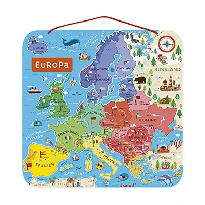 Afbeelding van Janod Puzzel Europese kaart magnetisch van hout 40 magnetische delen 45 x cm Duitse versie educatief spel vanaf 7 jaar, J05473