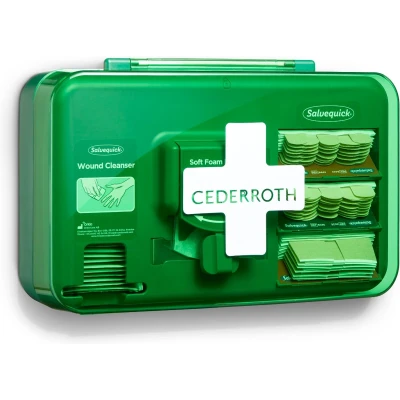 Afbeelding van Cederroth Wound care Dispenser Wondbehandeling station met pleisters en wondreinigingsdoekjes.