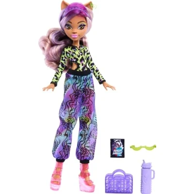 Image de Monster High Scare adise Island Clawdeen Wolf Poupée avec maillot de bain, jogging et accessoires plage comme visière, bouteille d&#039;eau livre