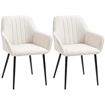 Afbeelding van HOMCOM Eetkamerstoelen, bezoekersstoelen, Scandinavisch design, set van 2 stoelen, taps toelopende poten, metaal, zwart, ergonomische rugleuning, linnen, beige
