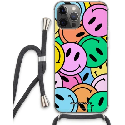 Afbeelding van Case Company® hoesje met Koord geschikt voor iPhone 13 Pro Max Smiley N1 Telefoonhoesje Zwart Extra Bescherming aan alle Kanten en Over de Schermrand