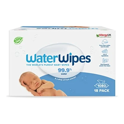 Image de WaterWipes Lot de 1080 lingettes pour bébés biodégradables d&#039;origine à base d&#039;eau et non parfumées les peaux sensibles, 18 paquets