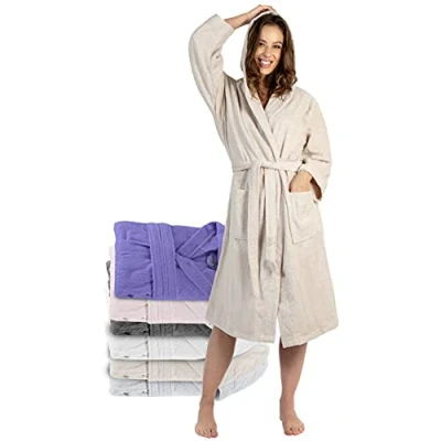 Afbeelding van Badjas voor dames, 100% katoen, Oeko Tex® gecertificeerd, XS, S, M, L, XL, ochtendjas met capuchon, 2 zakken, riem