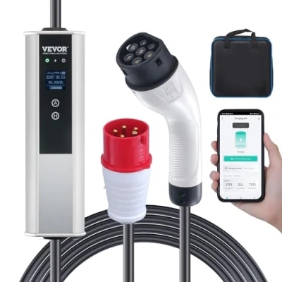 Image de VEVOR Chargeur EV Portable Type 2 IEC6219 Voiture Électrique 16 A 3,68 kW Monophasé 11 Triphasé Câble de Charge 7,5 m Prise CEE LCD IP66 avec Sac Rangement Crochet