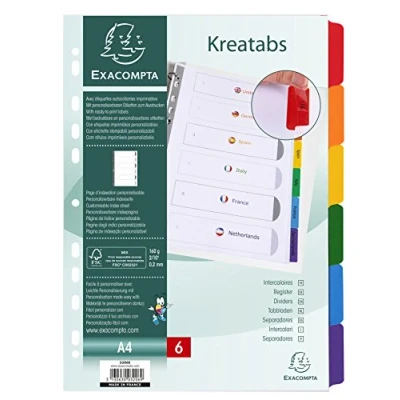 Afbeelding van Exacompta Ref. 3206E Register in wit karton 160g/m2 FSC® Kreatabs met 6 aanpasbare tabbladen gekleurde tabs vel afdrukbare zelfklevende etiketten A4 formaat