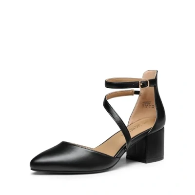Afbeelding van DREAM PAIRS SDPU2354W damespumps met puntige teen en dikke hak enkelriem, Pu Noir