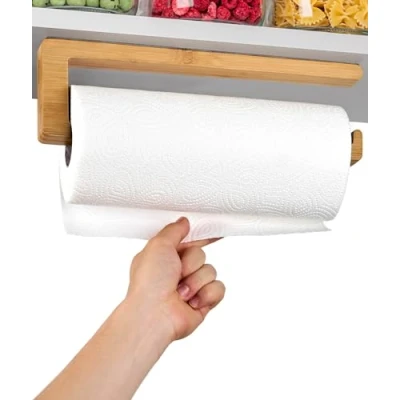 Afbeelding van FSC® keukenrolhouder zonder boren van bamboehout ruimtebesparend in de keuken houdt bom bestendig snelle montage