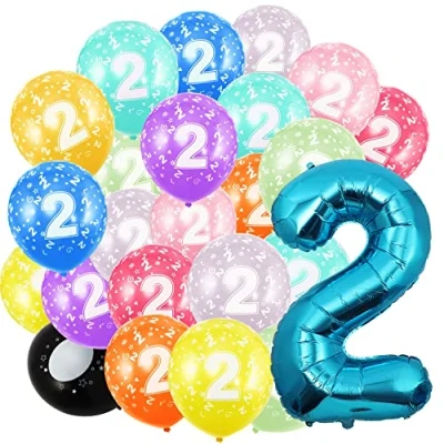 Afbeelding van 2 jaar, verjaardag, opblaasbare ballonnen, cijfer en 20 ballonnen van 30 cm, enorme folieballonnen 101 verjaardagsdecoratie, meisjes, jongens, met helium vliegen