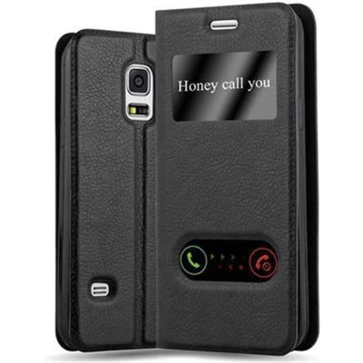 Afbeelding van Cadorabo Hoesje geschikt voor Samsung Galaxy S5 MINI / DUOS in KOMEET ZWART Beschermhoes met magnetische sluiting, standfunctie en 2 kijkvensters Book Case Cover Etui